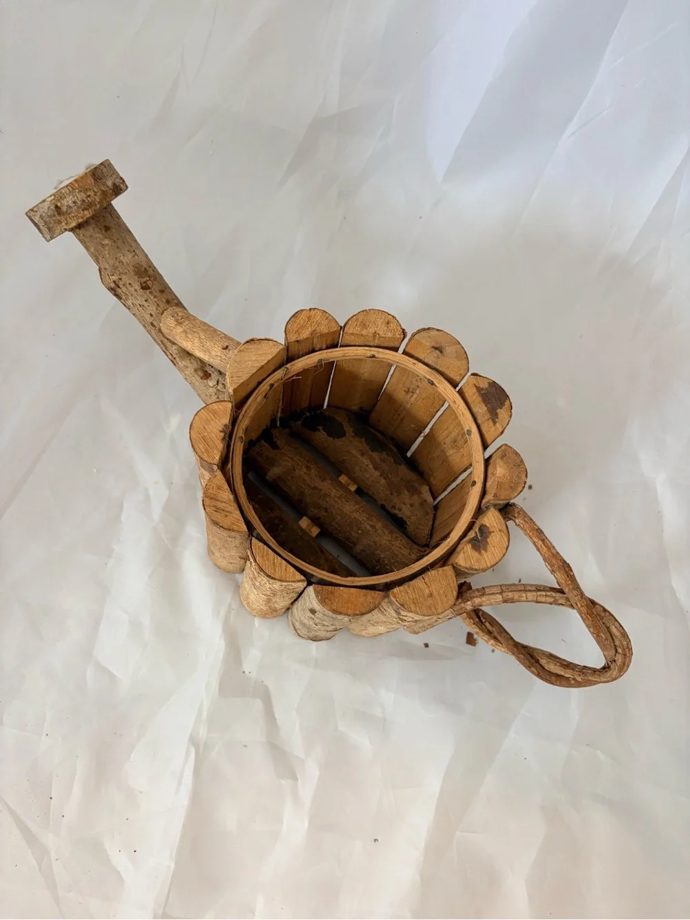 Rustic Birch Wood Watering Can Planter - Brown